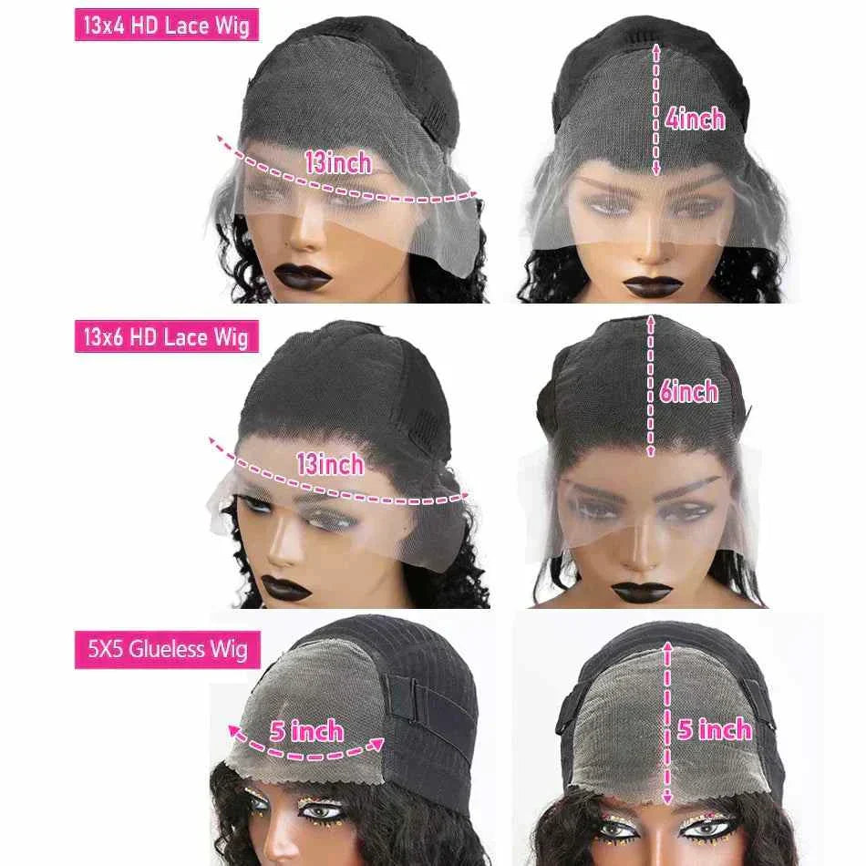 Short bob deep wave lace front wig with various lace sizes.