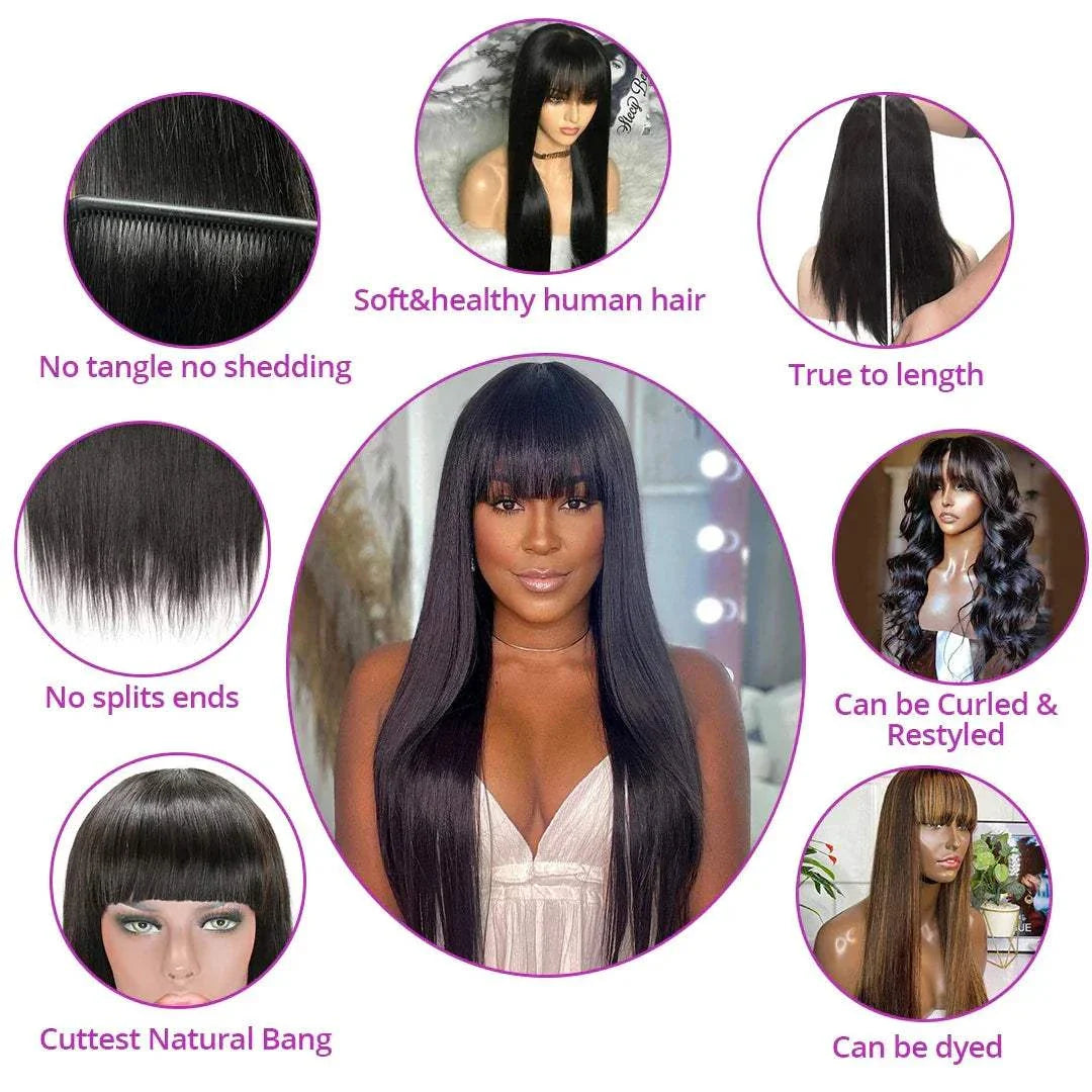 Brazilian bob wig with bangs, glueless, full machine made, straight human hair, 30 inches.