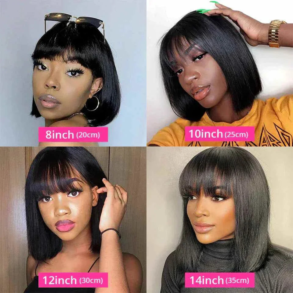 Human hair wig with bangs, straight bob style, available in 8, 10, 12, and 14 inch lengths.