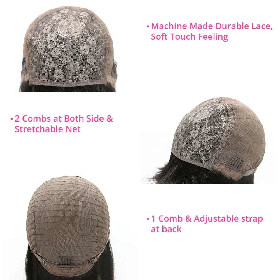 Machine-made glueless Brazilian bob wig with bang fringe, showcasing durable lace, combs, and adjustable straps for secure fit.