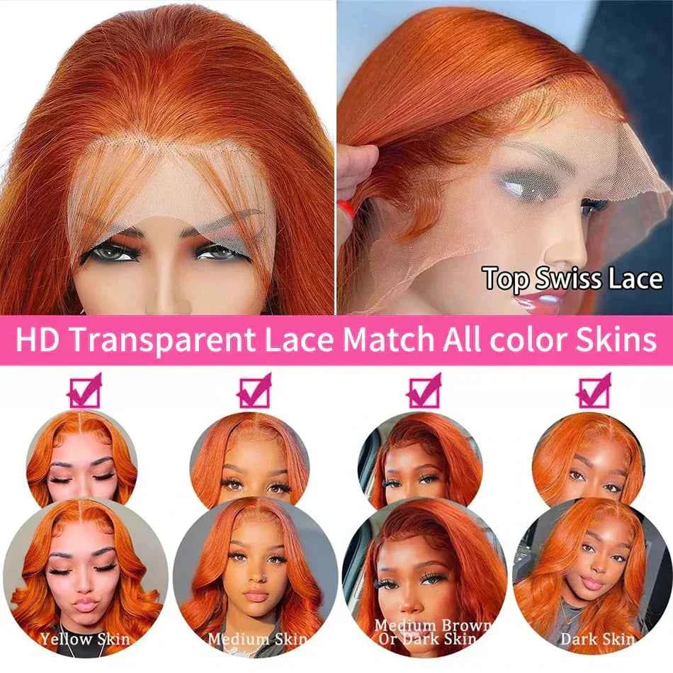 220% Body Wave Ginger Orange Transparent Lace Front Human Hair Wig with HD Lace for All Skin Tones