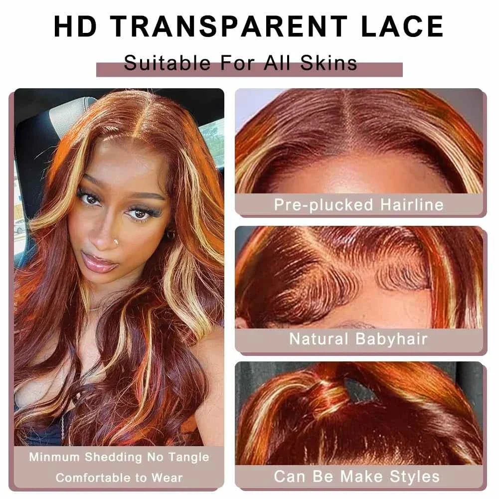 Burgundy Highlight Wig with 40 Inch Ombre Lace Front, Ginger and Honey Blonde Body Wave, 13x6 HD Lace.