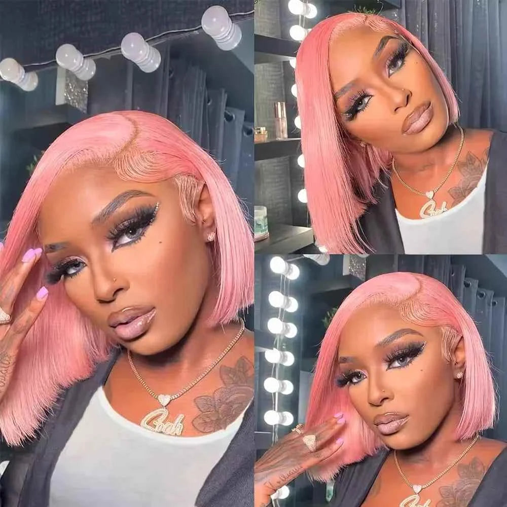 Brazilian pink bob straight wig, glueless, human hair, 180% density, 5x5 HD lace frontal.