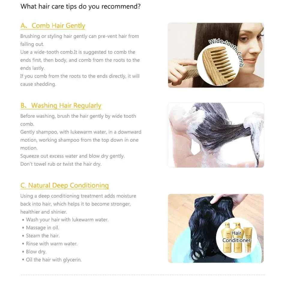 Hair care tips for human hair wigs, including gentle combing, regular washing, and deep conditioning instructions.