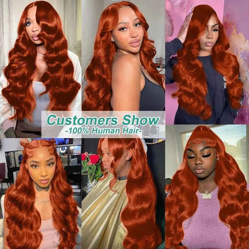 220% body wave ginger orange transparent lace front human hair wigs.