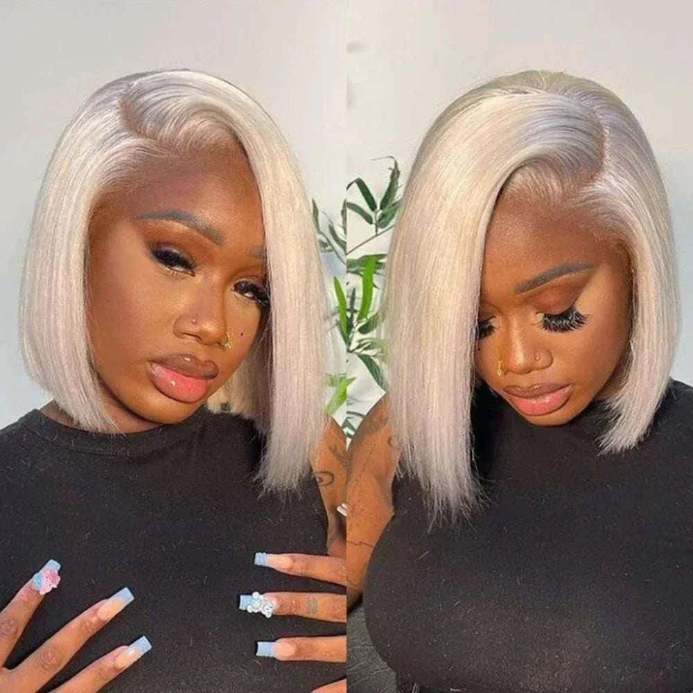 13x4 platinum ash blonde lace front wig, short bob, HD transparent lace, Brazilian virgin human hair