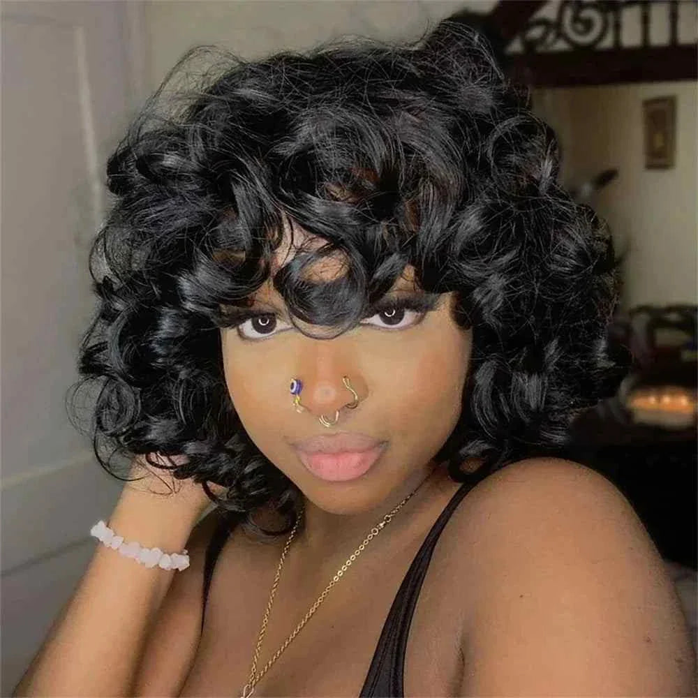Brazilian rose curl pixie cut wig with bangs, water wave texture, preplucked, short bob style.