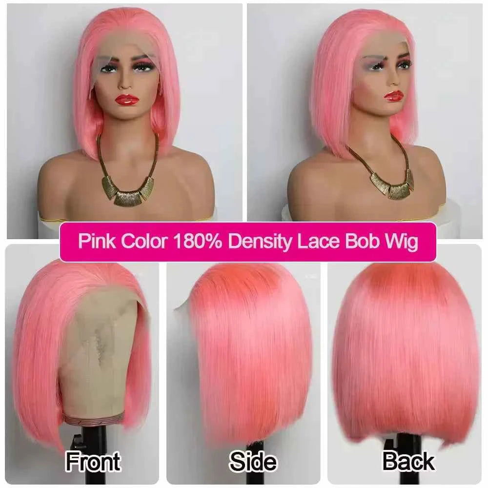 Brazilian pink bob wig with HD lace, glueless design, and 180% density.