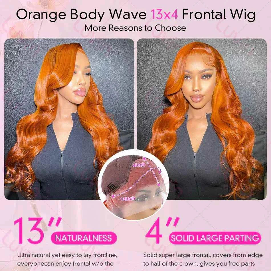220% body wave ginger orange transparent lace front human hair wig, 13x4 lace frontal Remy hair.