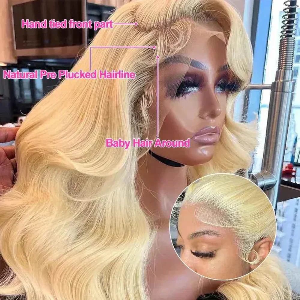 HD 250% blonde body wave lace frontal wig with baby hair, pre-plucked hairline, and hand-tied front part.