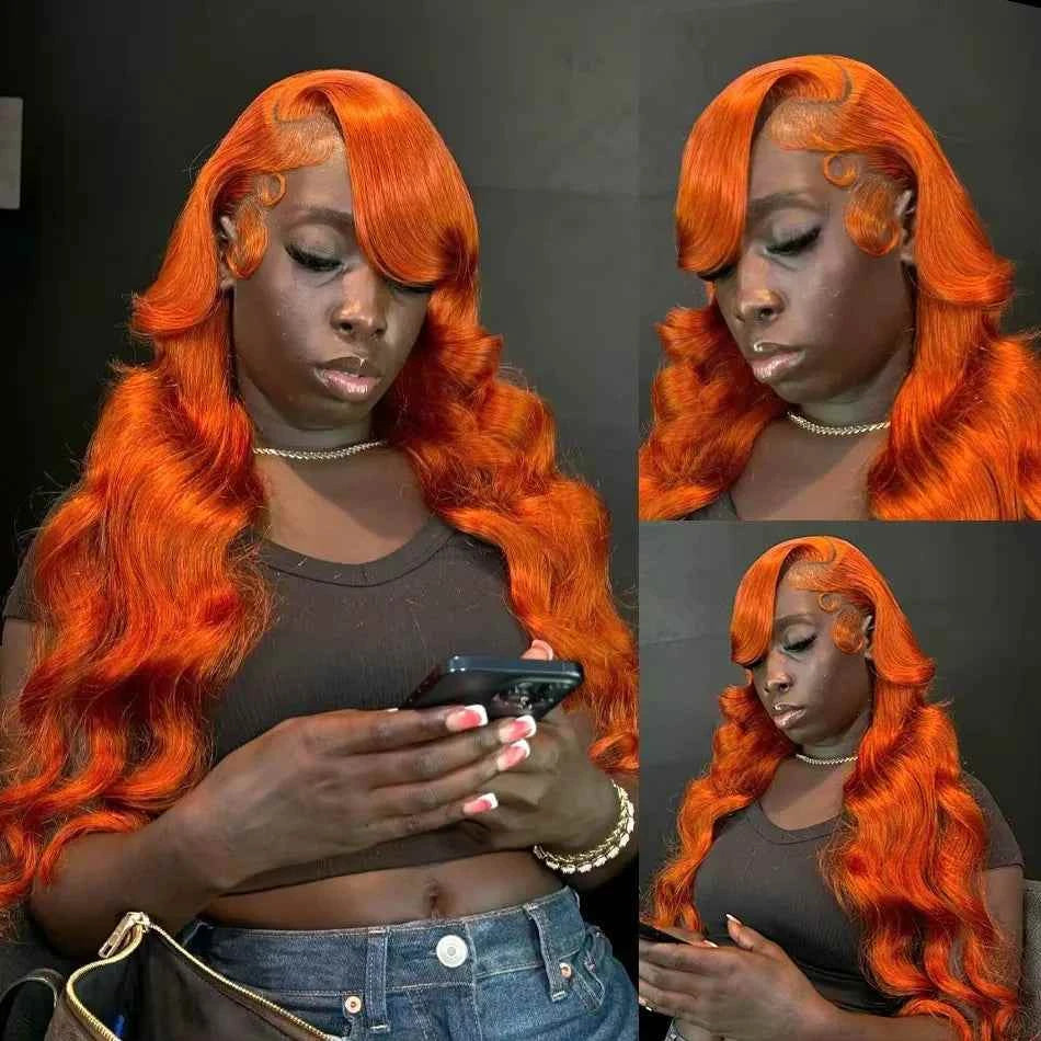220% body wave ginger orange lace front human hair wig with transparent lace frontal.