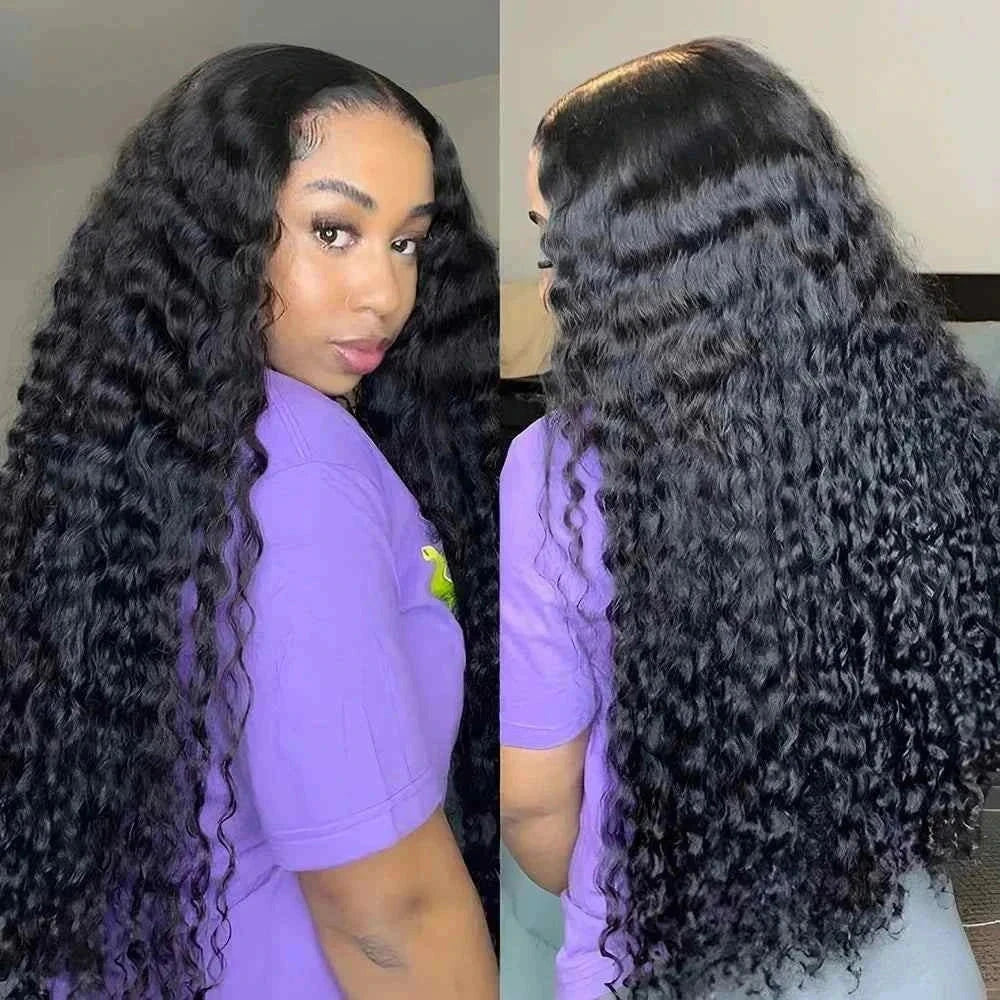 deep wave human hair wig with 220 density, deep curly lace front, pre-plucked HD lace frontal wig
