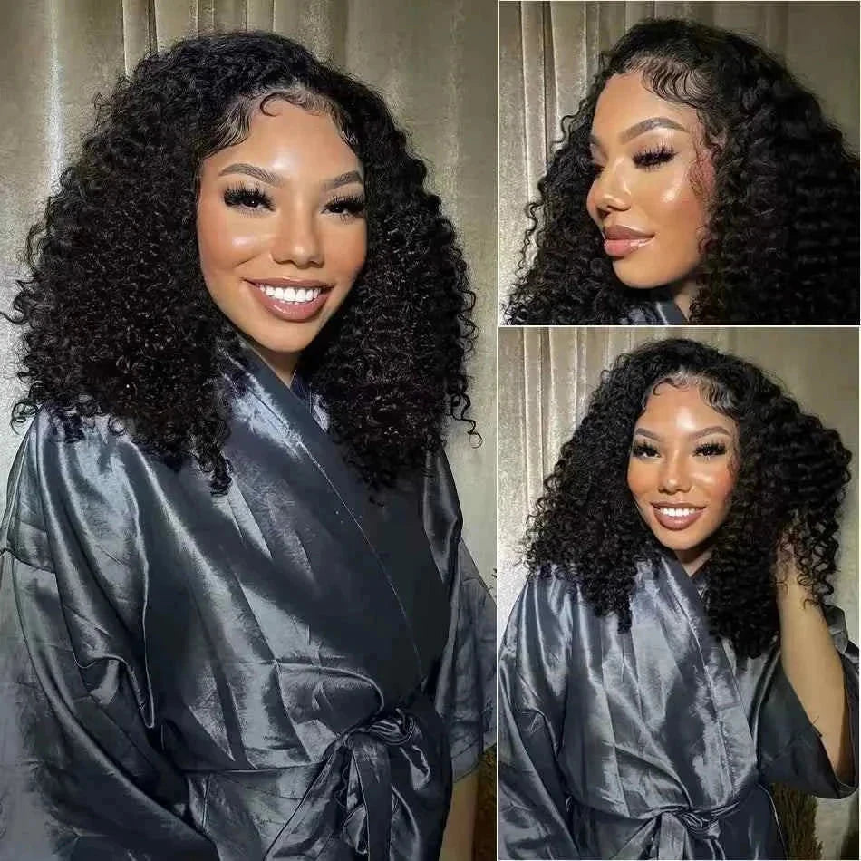 100% human hair curly short bob wig with HD lace frontal, deep wave style for women.