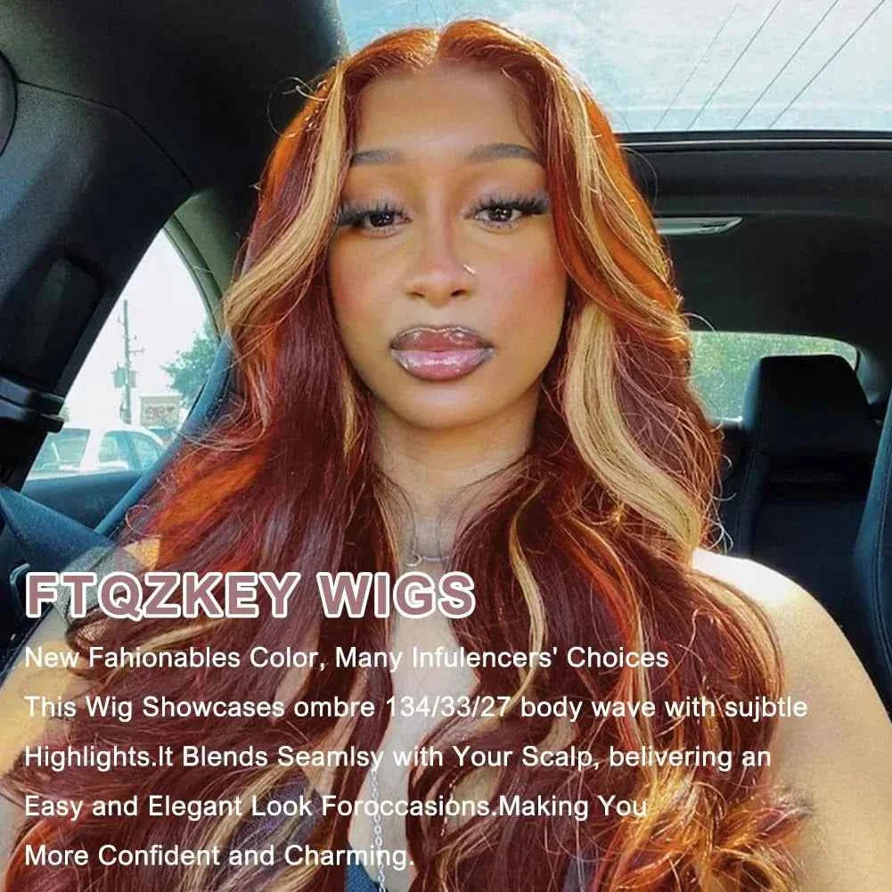 Burgundy highlight wig with ombre lace front, body wave, and honey blonde accents.
