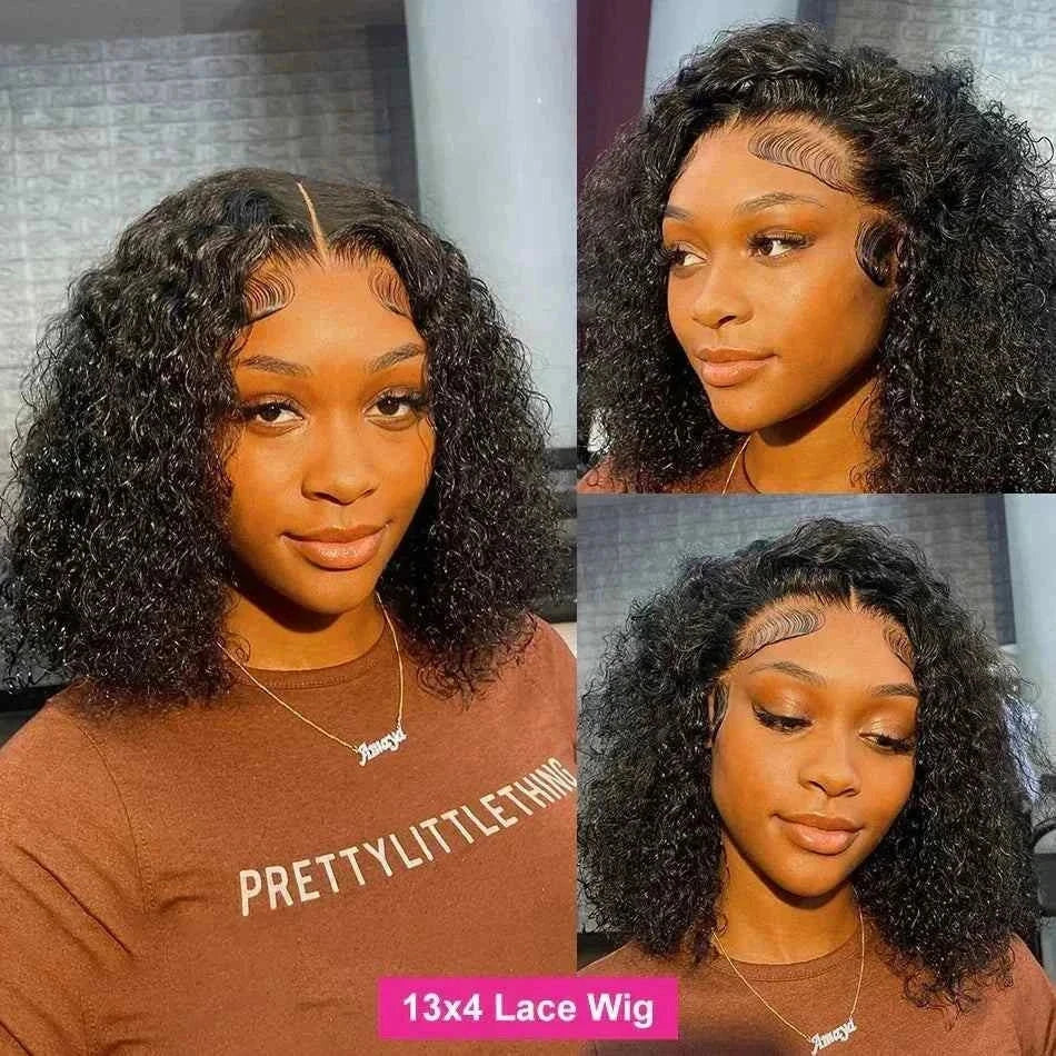 Short Bob Lace Frontal Deep Wave Human Hair Wig, Transparent Lace Front Curly Closure.