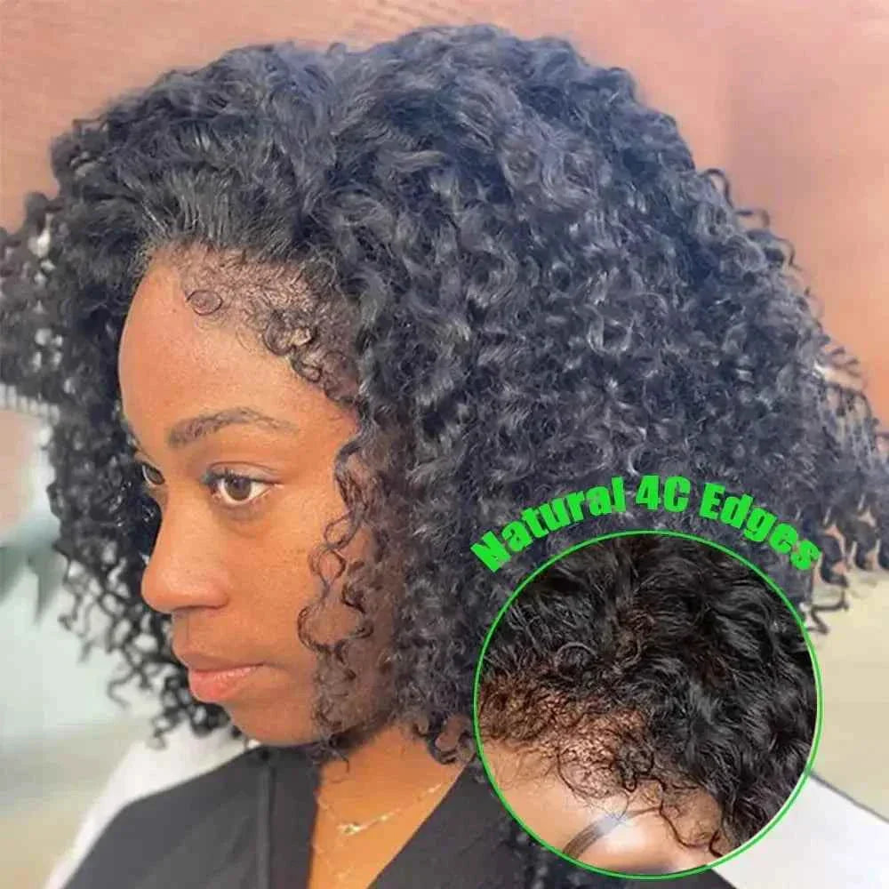 Kinky curly bob human hair wig with 4c edges and natural hairline, transparent lace front 13x4.