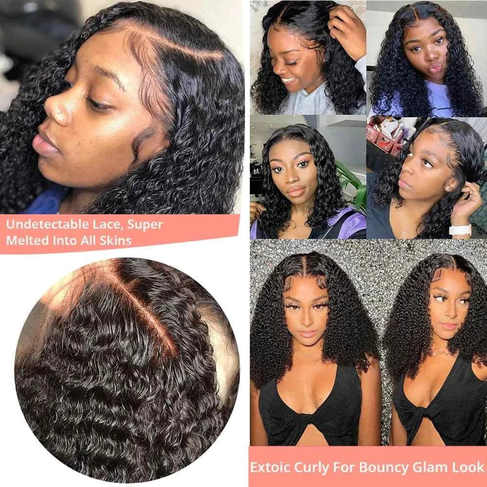 Short curly bob human hair loose deep wave Brazilian lace front wig, natural black pixie cut.