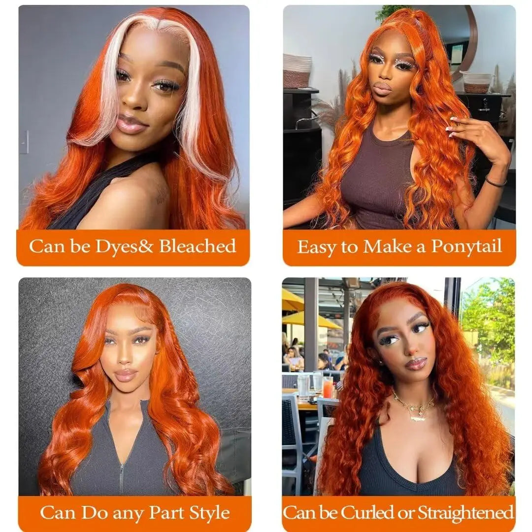 350 Ginger 13x6 HD Transparent Lace Front Wigs Human Hair Body Wave Lace Front Wig For Women 200% Density Brazilian Hair 36 Inch