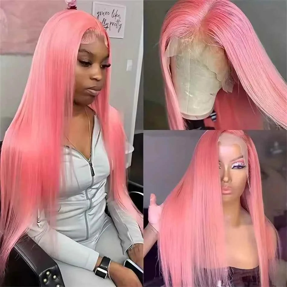 Pink 13x4 HD lace front wig, bone straight Brazilian human hair with transparent lace frontal for women.