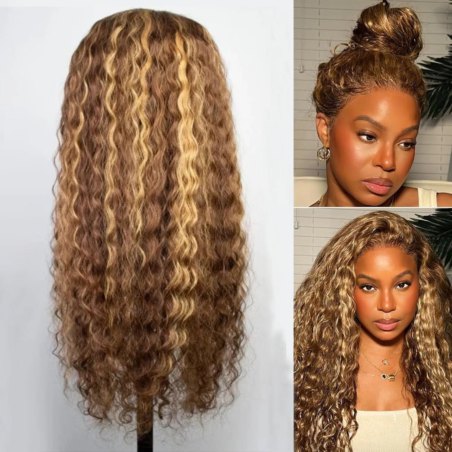 Curly 360 Lace Front Wigs Human Hair Pre Plucked Highlight Ombre Deep Wave HD Lace