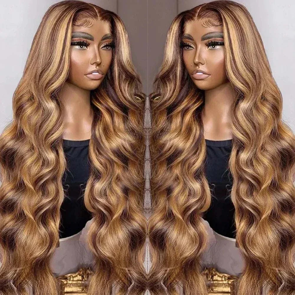 Highlight ombre wig, human hair, HD lace frontal, body wave, glueless, colored.