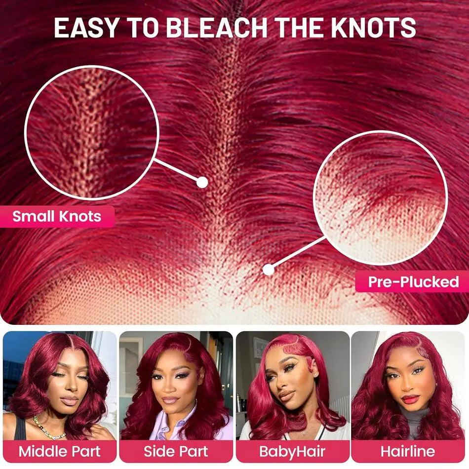 99J Burgundy Lace Front Wigs Human Hair Pre Plucked 220% Density HD Transparent Body Wave Lace Front Wigs