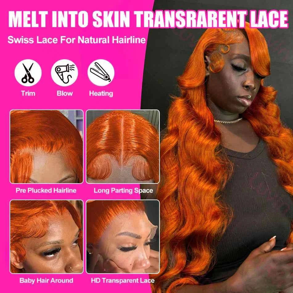 220% body wave ginger orange transparent lace front human hair wig with pre-plucked hairline and HD lace.