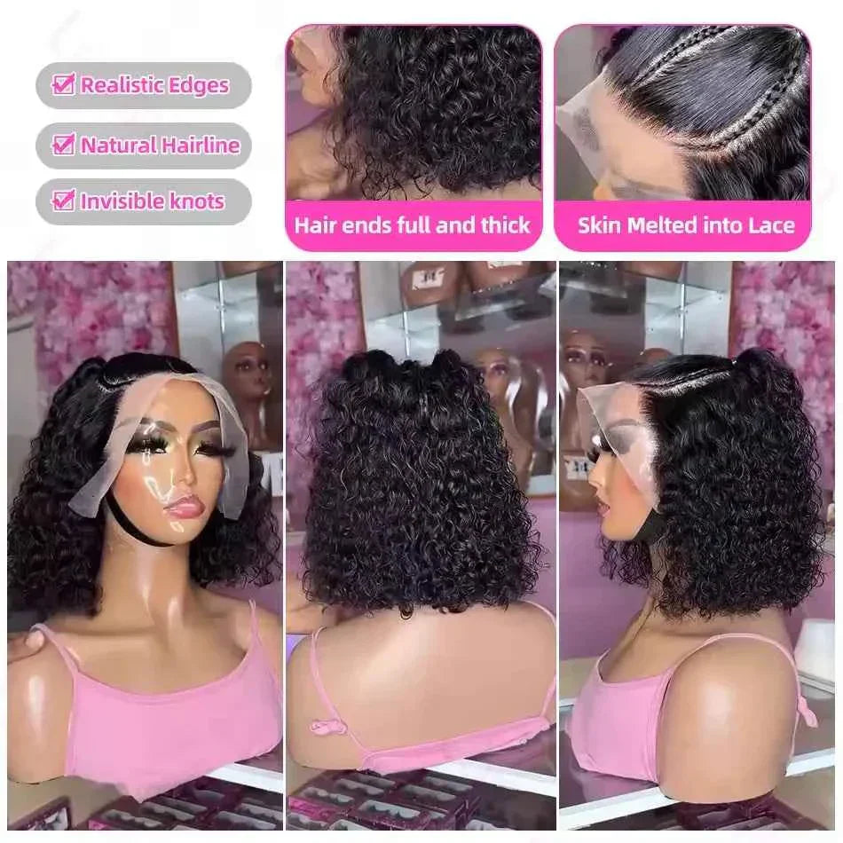 100% Human Hair Curly Short Bob Wig with HD Lace Frontal and Deep Wave Style.