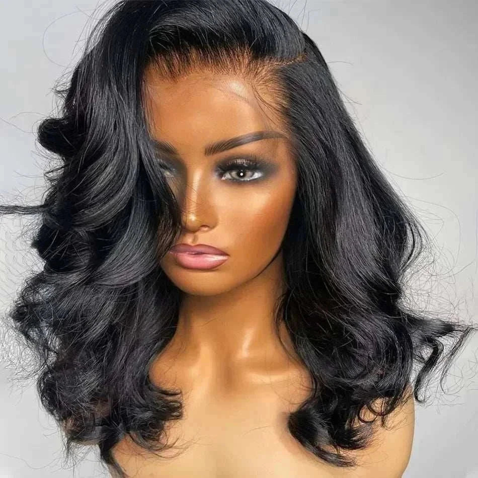 Preplucked body wave short bob human hair wig with 13x4 lace frontal closure, 250 density.