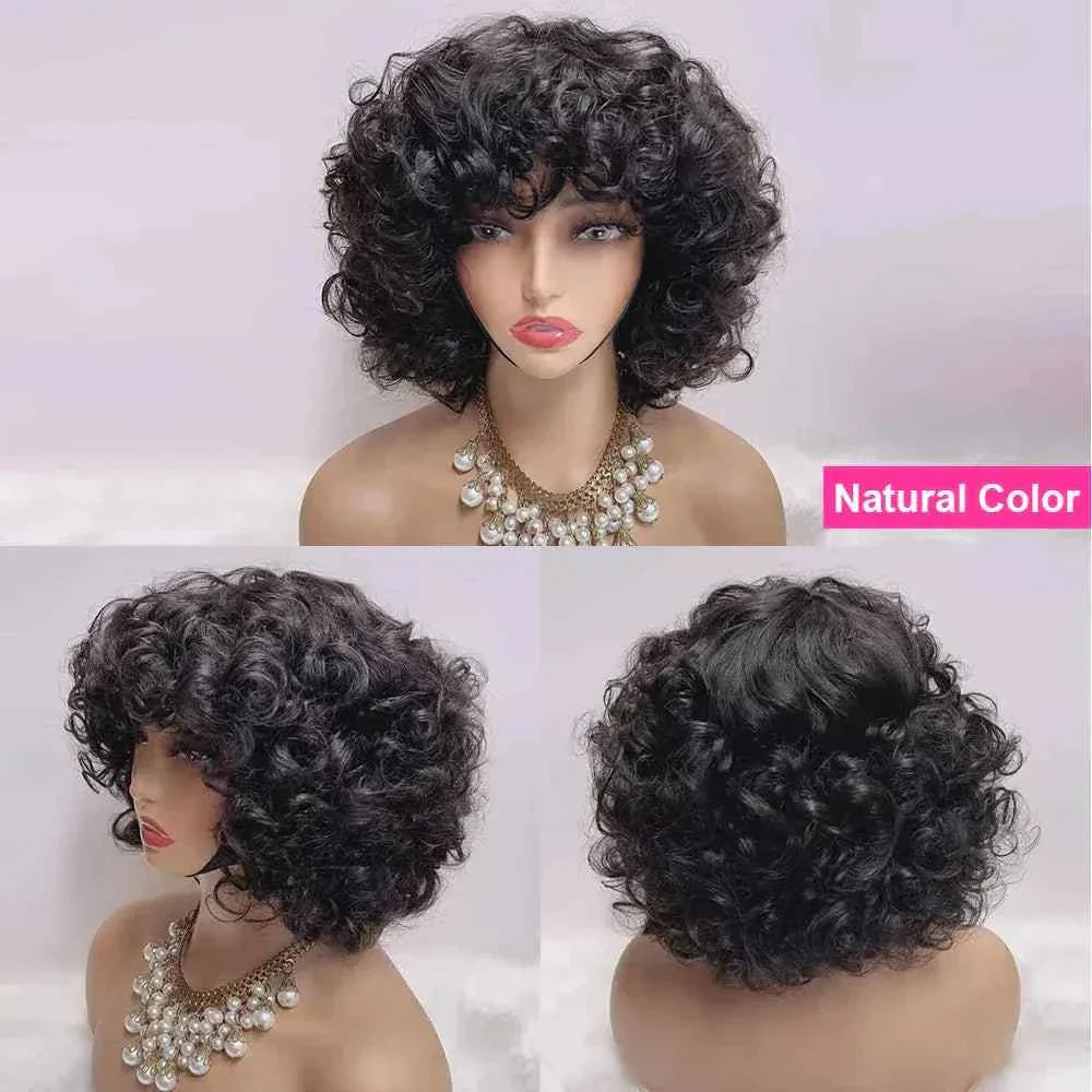 Brazilian rose curl pixie cut wig with bangs, full water wave short bob, preplucked Remy Brazilian hair in natural color.