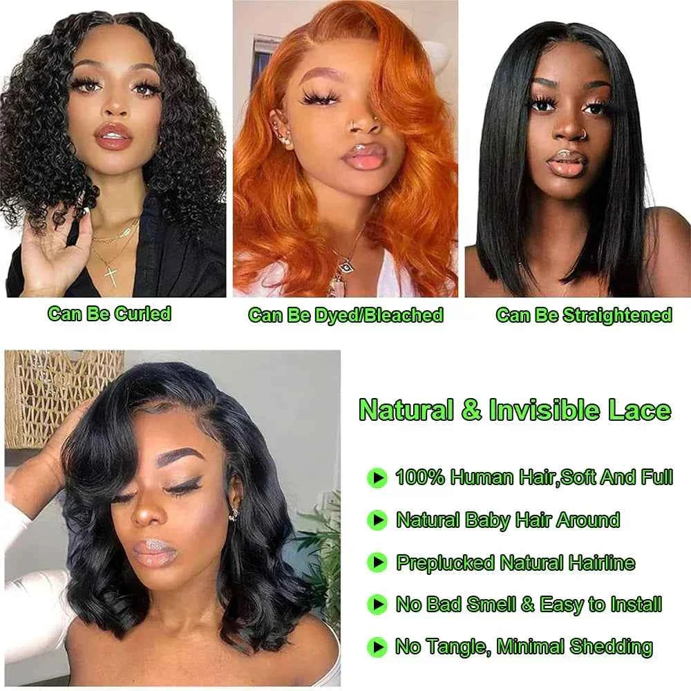 Short bob wig with transparent lace, Brazilian human hair, glue-less design, versatile styling options.