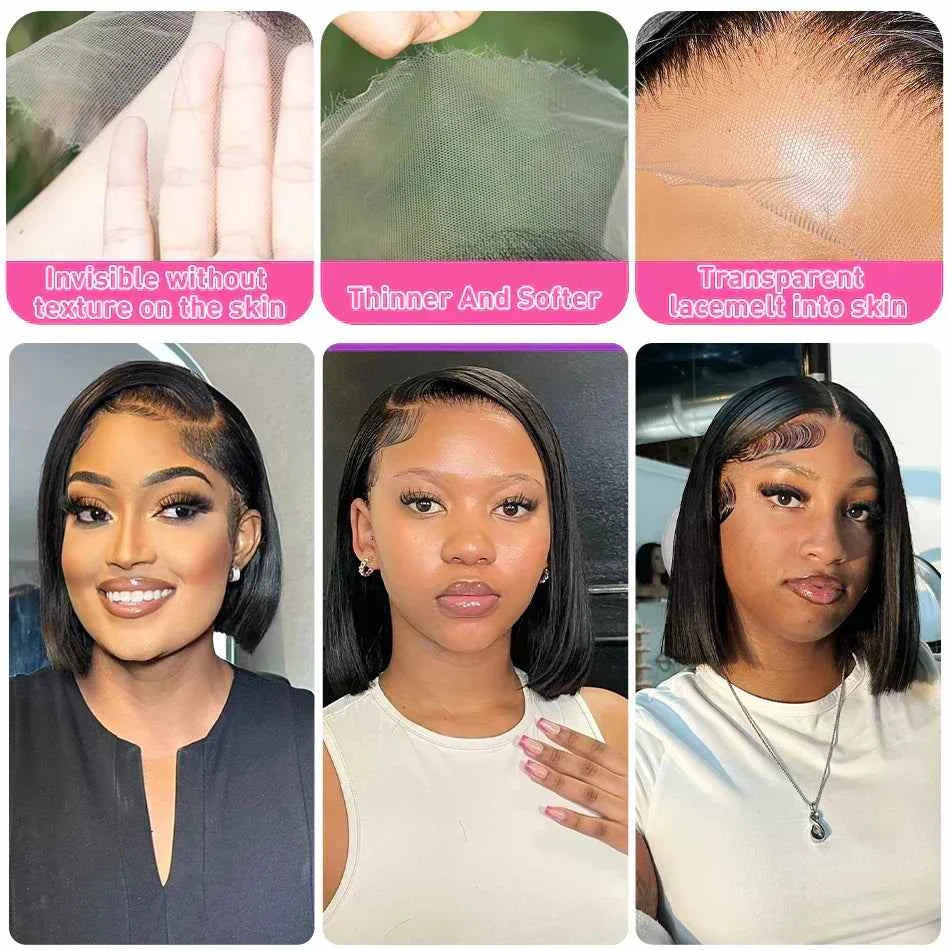 Bone short bob wig human hair lace frontal HD, straight glueless wig.