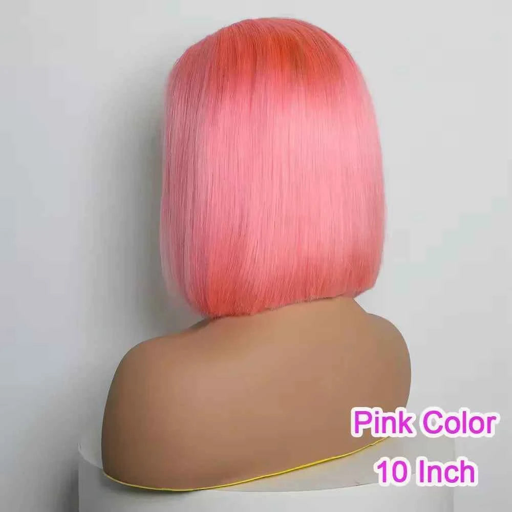 Brazilian Pink Color bob straight glueless wig, 10-inch human hair with HD lace frontal.