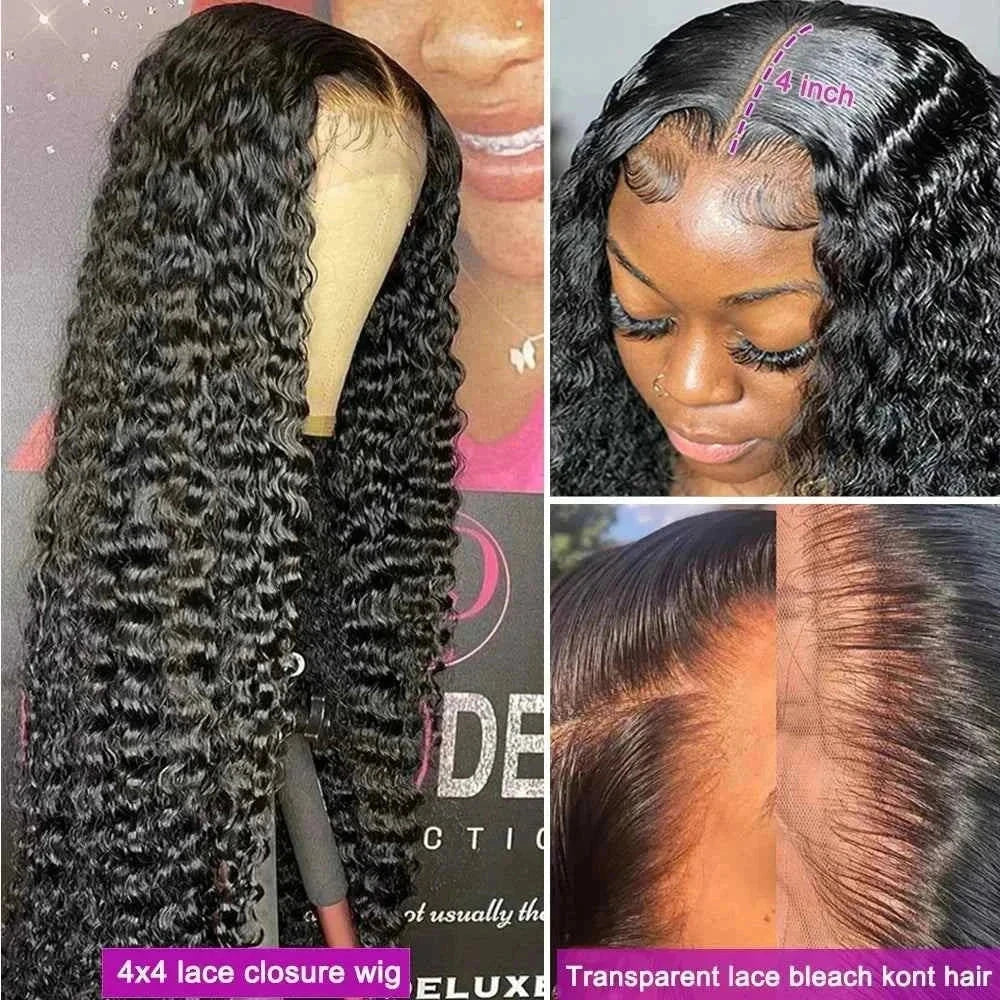 Deep wave human hair wig with 220 density, deep curly pattern, pre-plucked HD lace frontal, 4x4 lace closure detail.