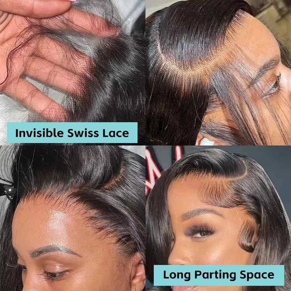 Bone Short Bob Wig with Invisible Swiss Lace and Long Parting Space, HD Straight Glueless Human Hair.