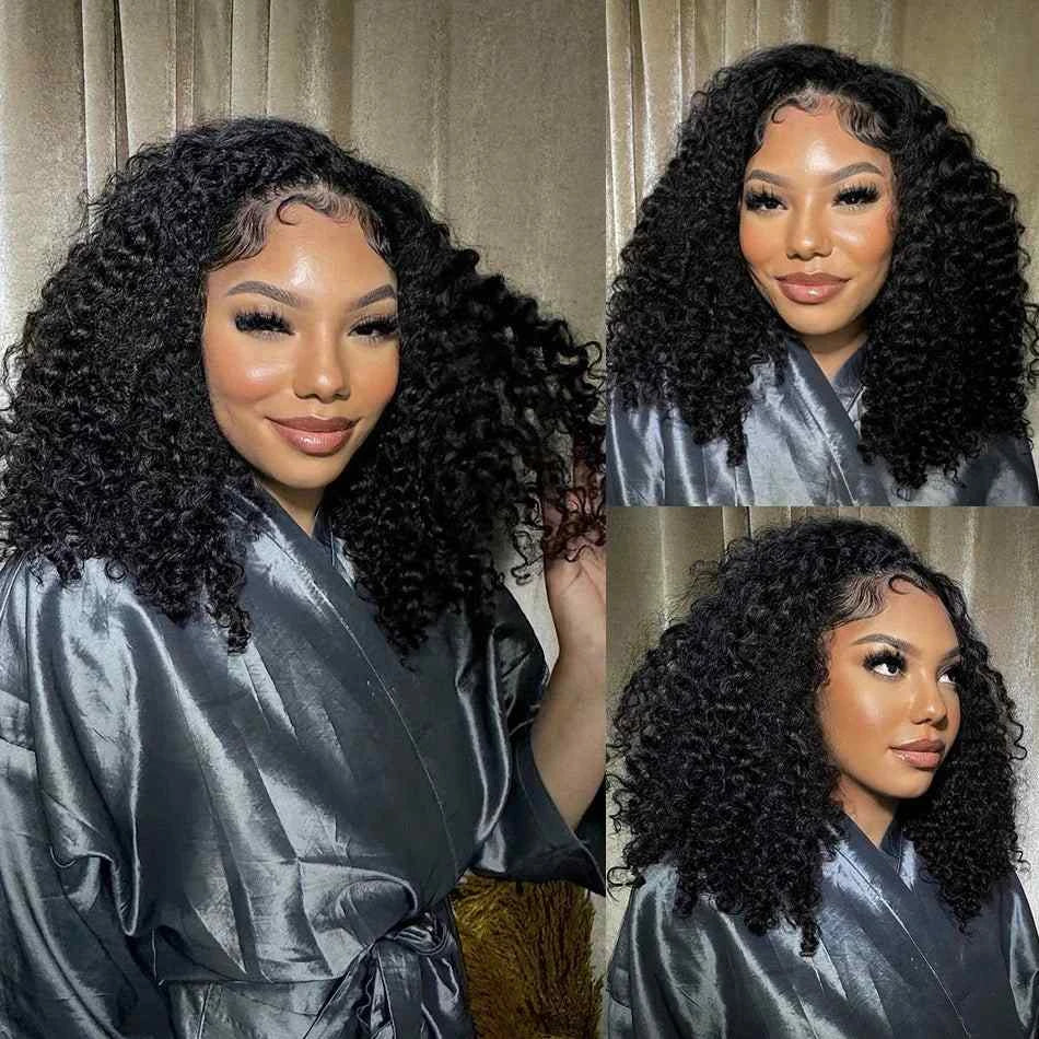 200 density HD transparent curly deep wave lace frontal bob wig for black women.