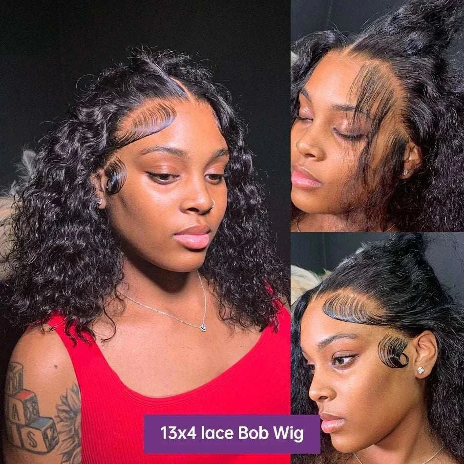 13x4 transparent lace water wave human hair wig with HD lace front and pre-plucked hairline, featuring curly Brazilian Remy hair on a Swiss lace base.