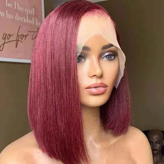 Stylish burgundy short lace front wig made from authentic human hair, showcasing a straight texture and elegant design.