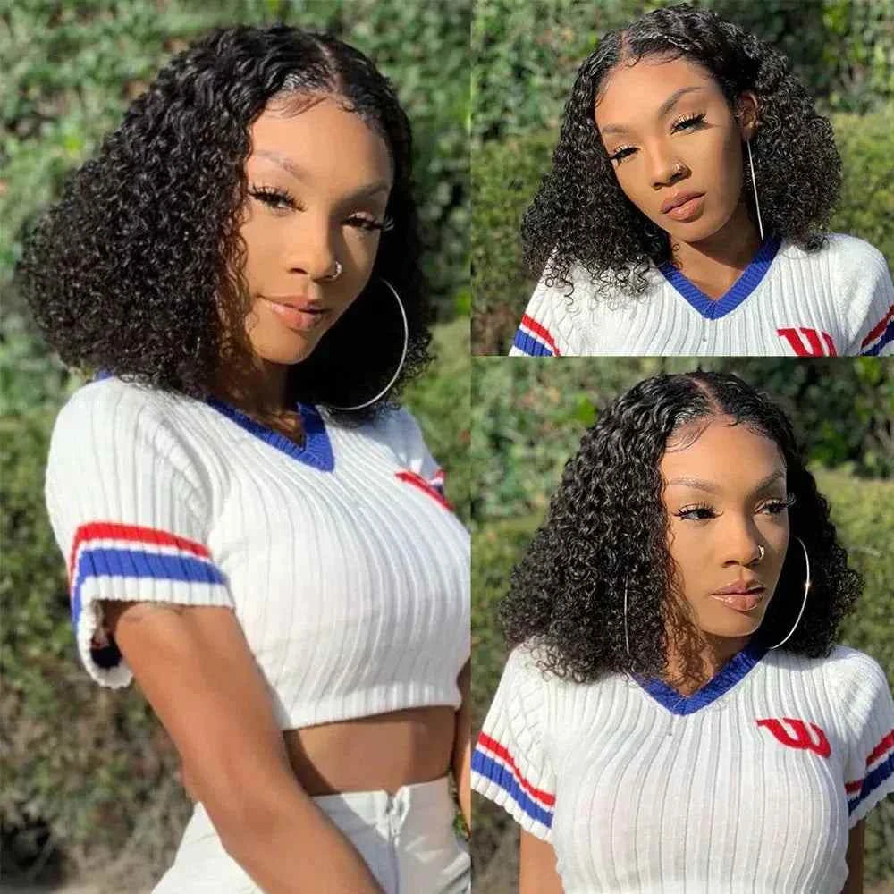 Short curly bob human hair loose deep wave Brazilian wig in natural black, pixie cut lace front.