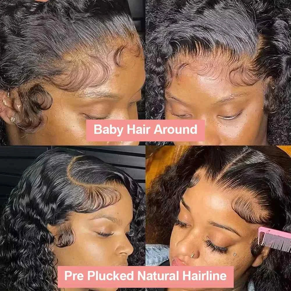 Short curly bob human hair wig with loose deep wave, natural black pixie cut, and lace front featuring baby hair and pre-plucked hairline.