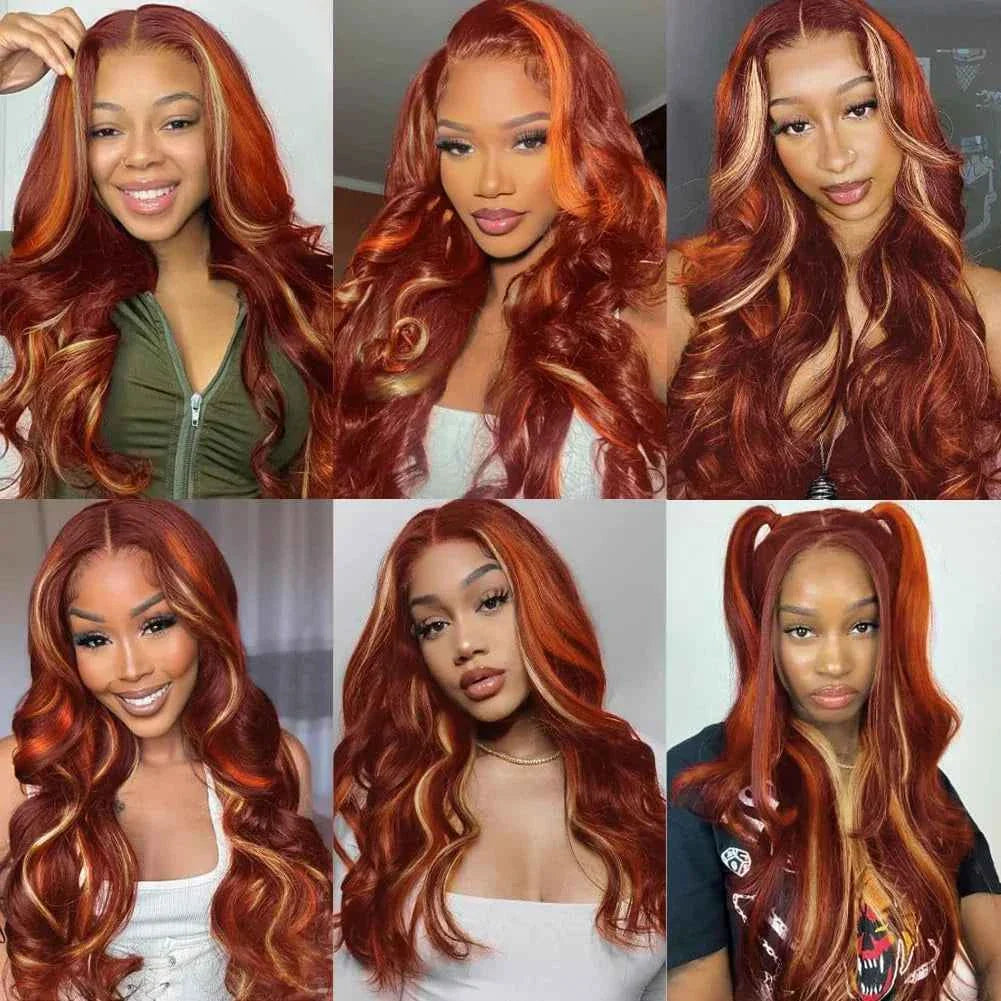Burgundy highlight wig, 40-inch ombre lace front, ginger and honey blonde body wave, 13x6 HD lace frontal.