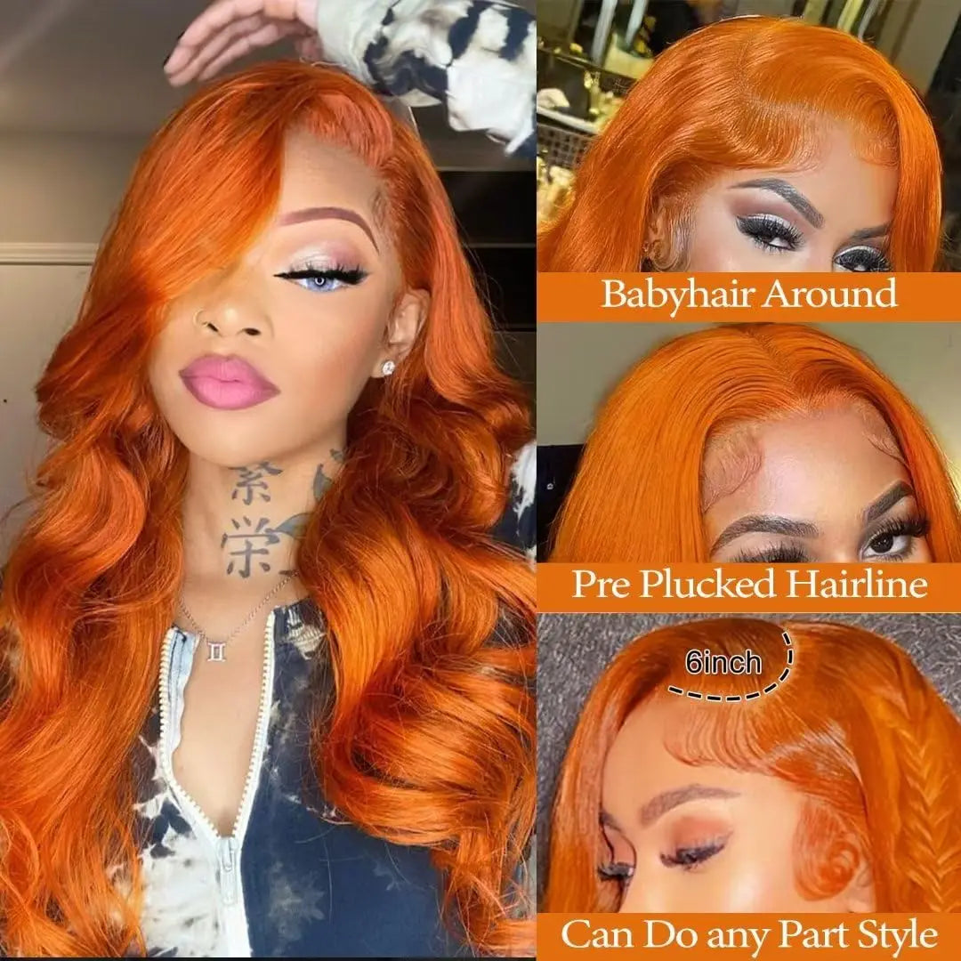 350 Ginger 13x6 HD Transparent Lace Front Wigs Human Hair Body Wave Lace Front Wig For Women 200% Density Brazilian Hair 36 Inch
