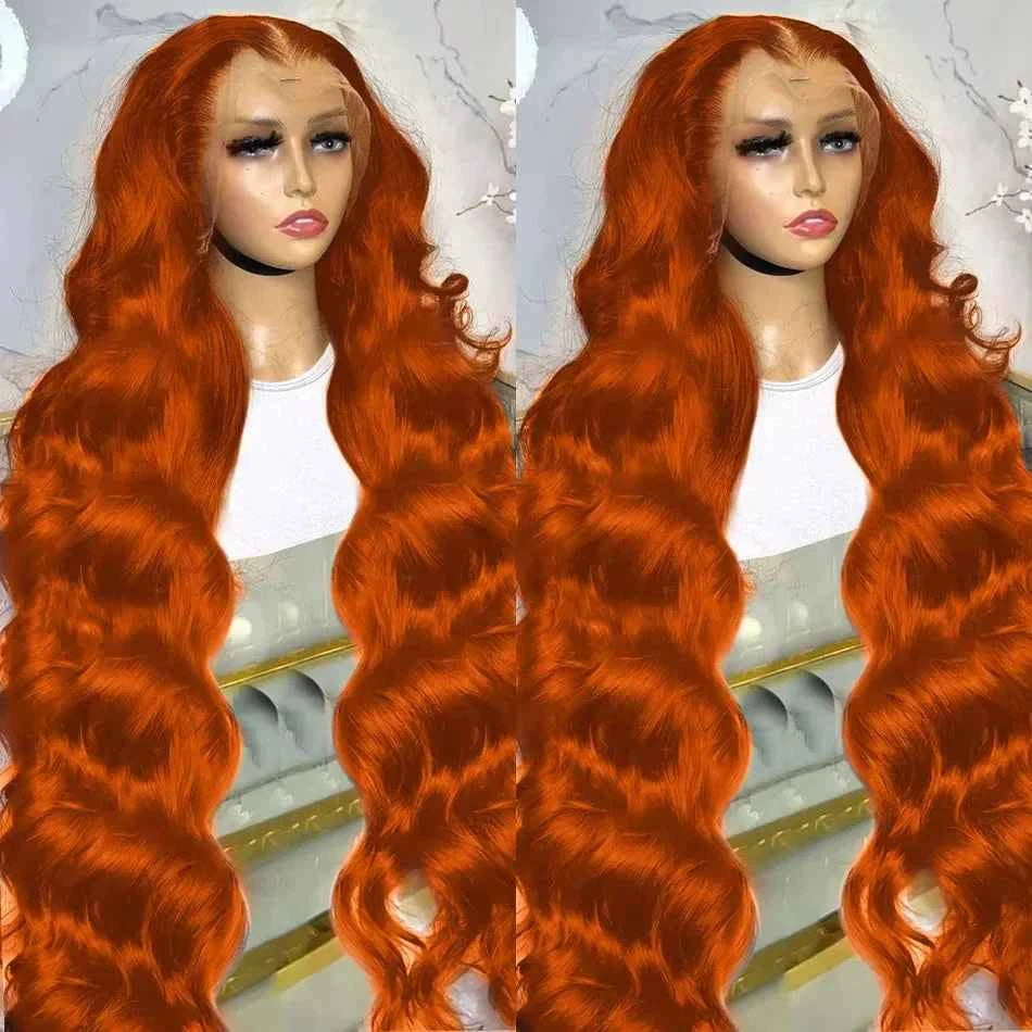 220% body wave ginger orange lace front human hair wig with 13x6 transparent lace and Remy hair.