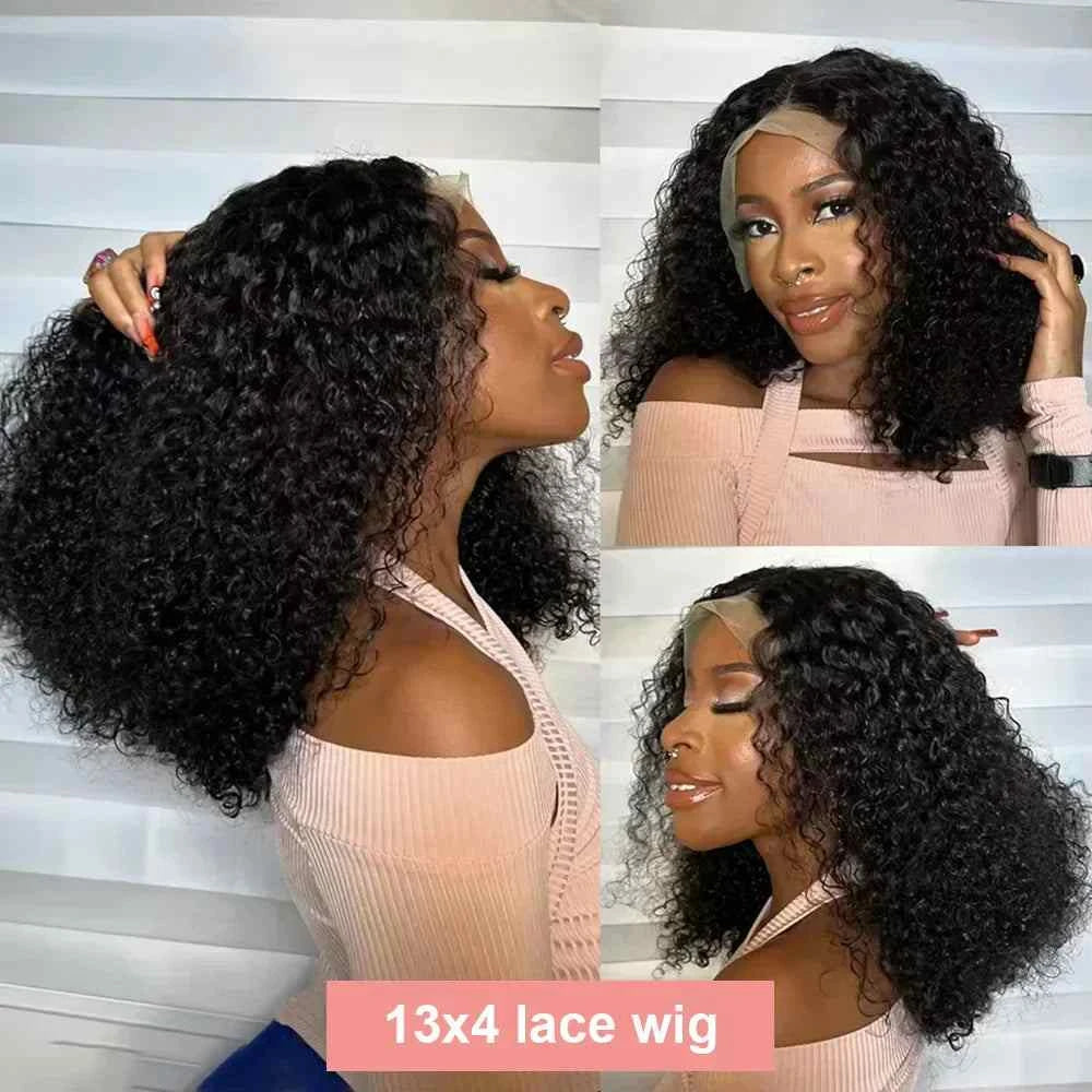Short curly bob Brazilian hair wig with natural black deep wave, pixie cut lace front.