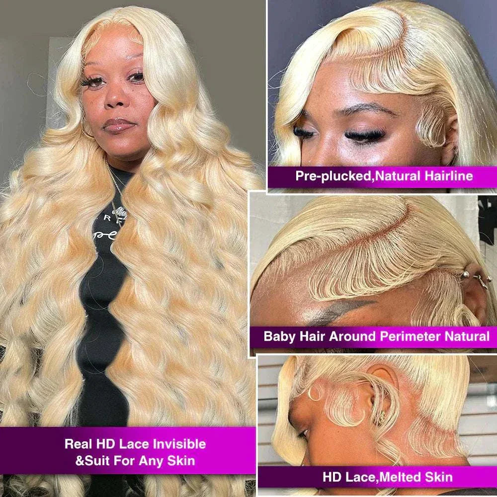 Chic honey blonde body wave lace wig made from authentic Brazilian human hair, featuring a lace front, real HD lace, and natural hairline. Suitable for all dyeing colors, can be permed.
