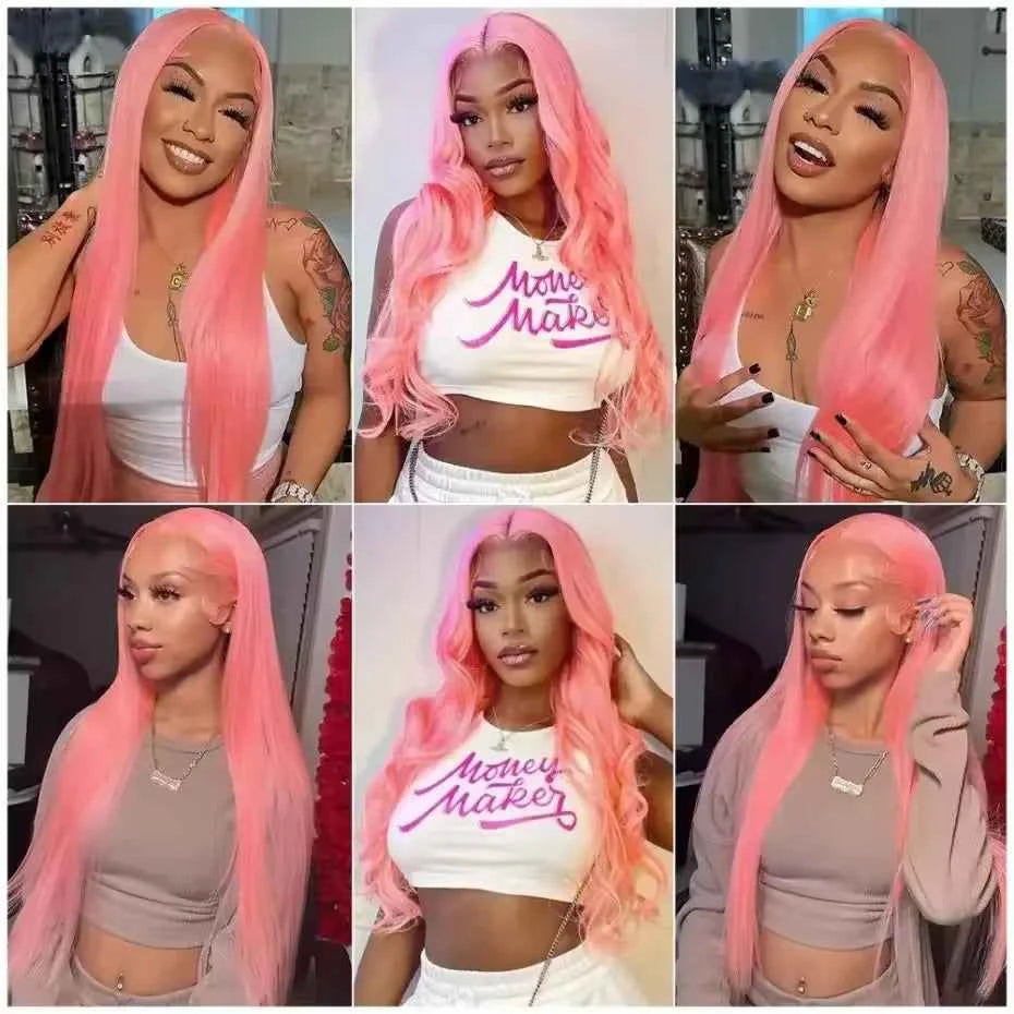 Pink 13x4 HD lace front wig, bone straight Brazilian human hair, light pink color.