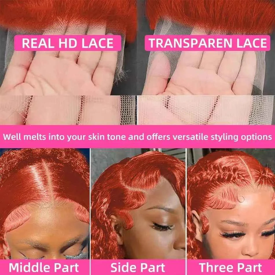 220% body wave ginger orange transparent lace front human hair wig with HD lace showcasing versatile styling options.