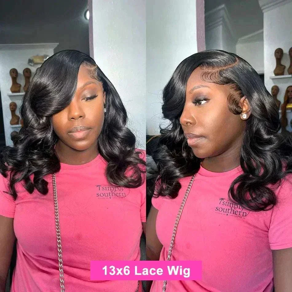 Preplucked 250 density body wave short bob human hair wig with 13x4 lace frontal closure, glueless, ready to wear.