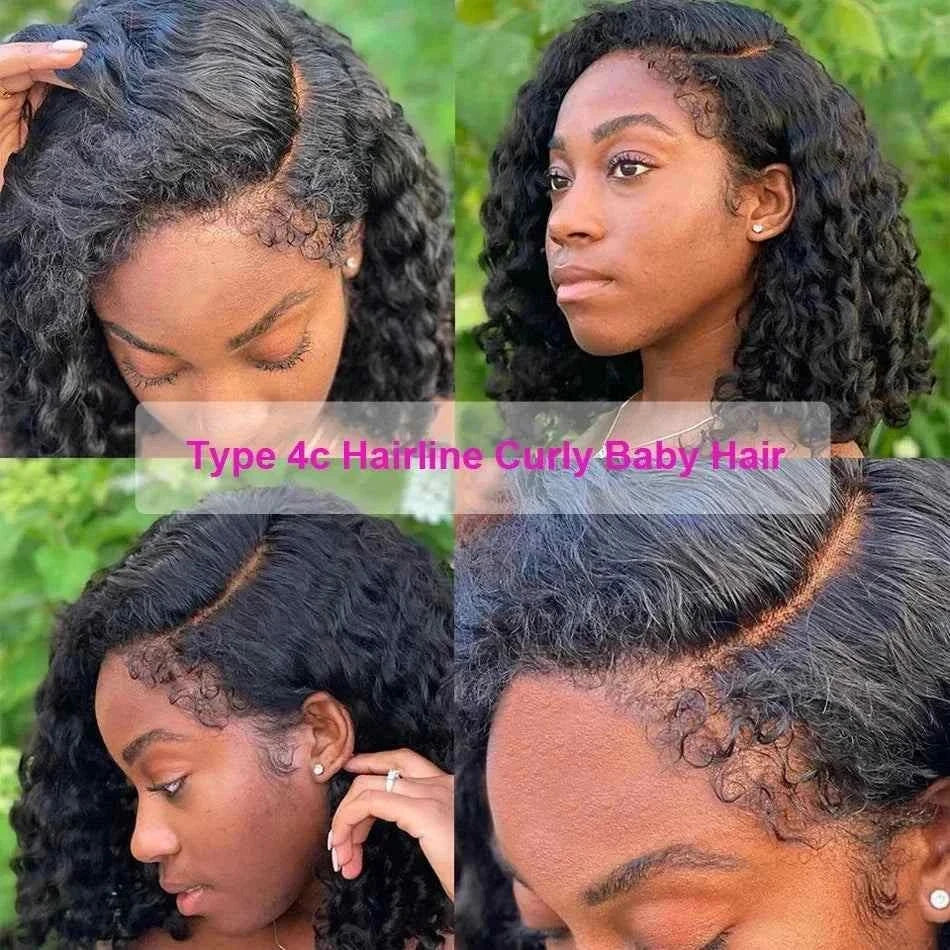 Kinky curly bob human hair wig with 4C edges, natural hairline, transparent lace front, 13x4 short curly closure.