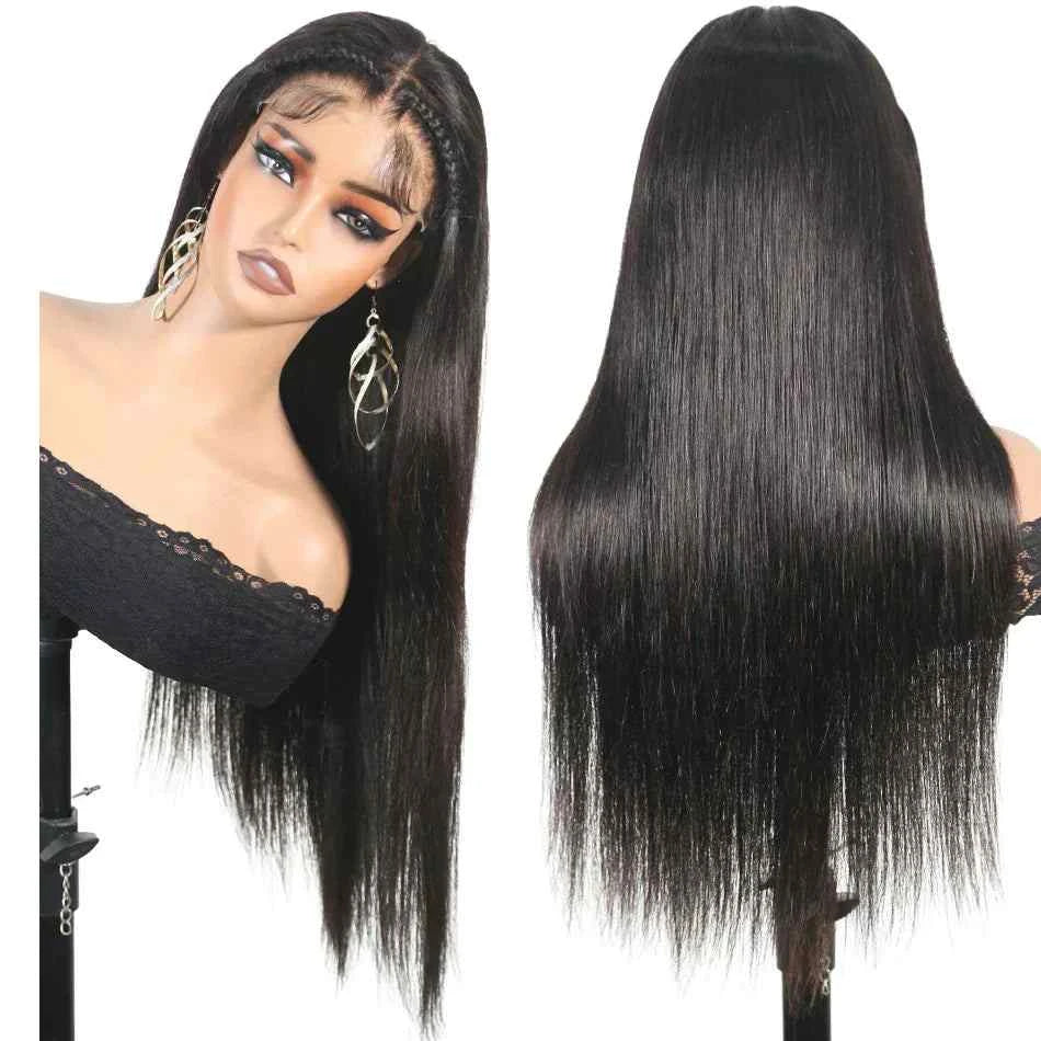Indian wig human hair, 180 density bone straight lace front, pre-plucked, natural color.